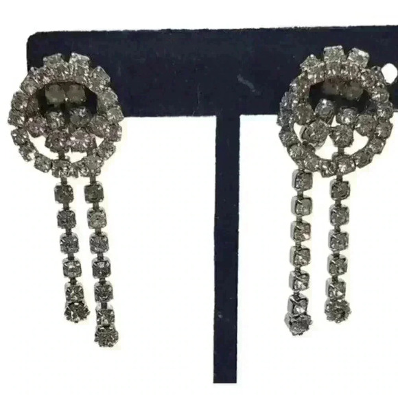 Vintage Rhinestone Earrings Clip Double Circle Long Dangle Bride Barbie Art Deco - Picture 12 of 13